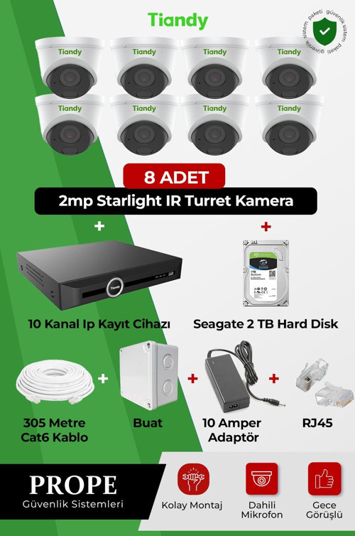 TİANDY 8 KAMERALI DOME IP FULL SİSTEM PAKETİ