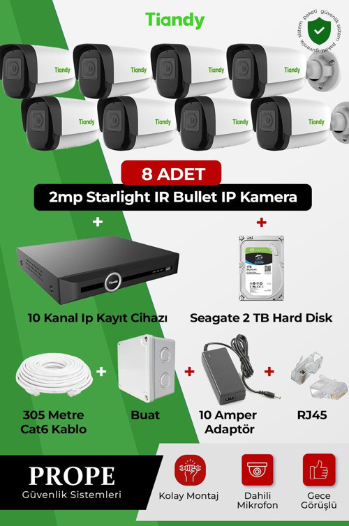 TİANDY 8 KAMERALI BULLET IP FULL SİSTEM PAKETİ