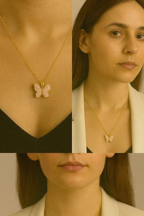 Toz Pembe Taşlı Kelebek Kadın Kolye