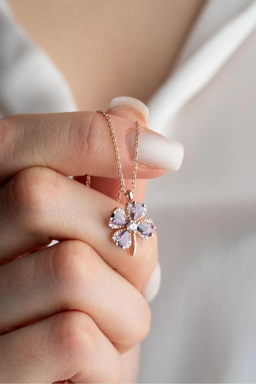 Mor Dört Yapraklı Şans Yoncası Rose Altın Kaplama Kadın Kolye