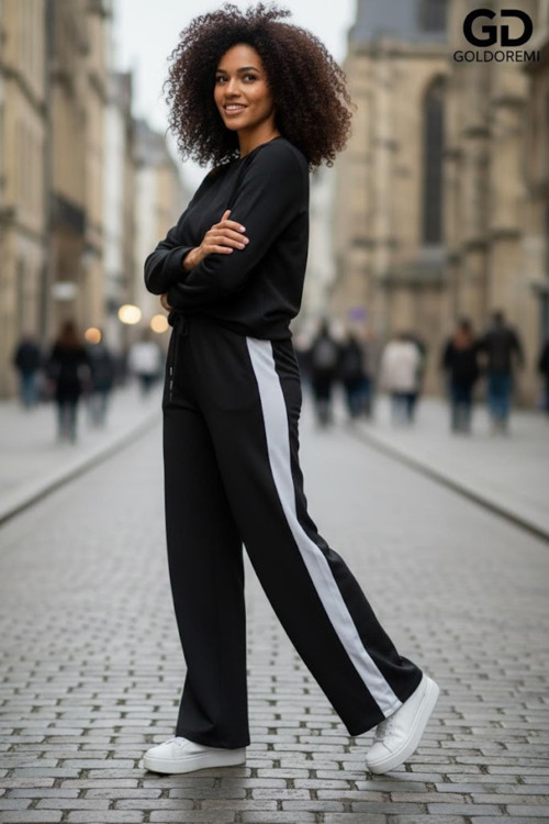 11-007 Kadın Modal Yanı Parçalı Şeritli Bol Paça Eşofman Altı