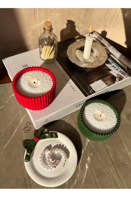 Yılbaşı Konsept Kurdele Görünümlü Dekoratif Tabak Ve İnci Toz Mum Set 2’li