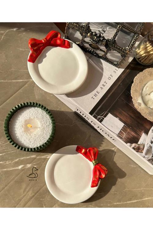 Yılbaşı Konsept Kurdele Görünümlü Dekor Tabak İnci Tozlu Mum Set 2’li