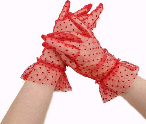 Kısa Boy Güpürlü Kırmızı Puantiyeli Tül Eldiven Kırmızı Renk