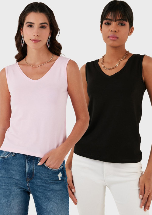 Slim Fit V Yaka Kalın Askılı 2' li Paket Bayan Bluz 5864384S2 SİYAH-TOZ PEMBE