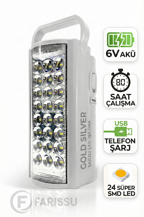 Gold Silver GS-2400 Şarjlı 24 LED Işıldak & Powerbank - 80 Saat Aydınlatma (Telefon Şarj Eder)