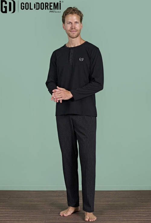 Erkek Düğmeli Yaka Şerit Detaylı Düğmeli Yaka Uzun Kollu Pijama Takım