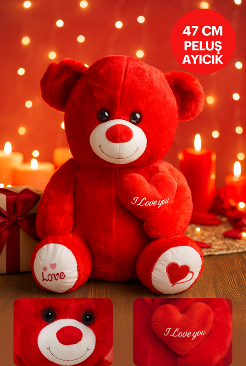 47 cm Kırmızı Peluş Ayıcık I Love You Kalpli Hediye Oyuncak Kırmızı
