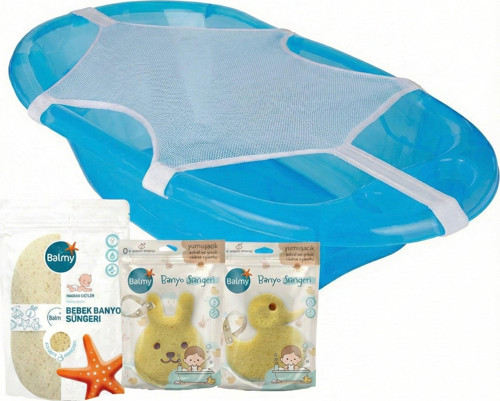 Bebek Banyo Bakım Seti / 3 Adet Tahriş Karşıtı Sünger - 1 Adet Bebek Banyo Küvet Filesi
