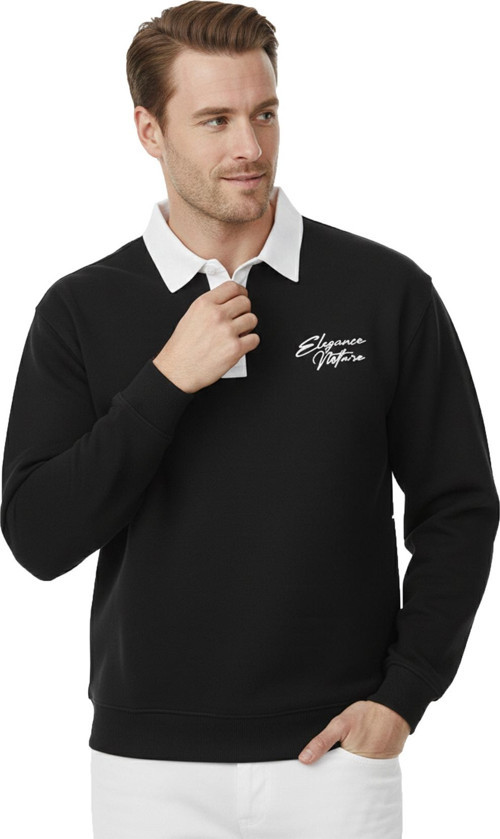 Erkek Siyah Relax Fit İçi Polarlı Polo Yaka Sweatshirt – Pamuklu Kalın Sweatshirt 2600762