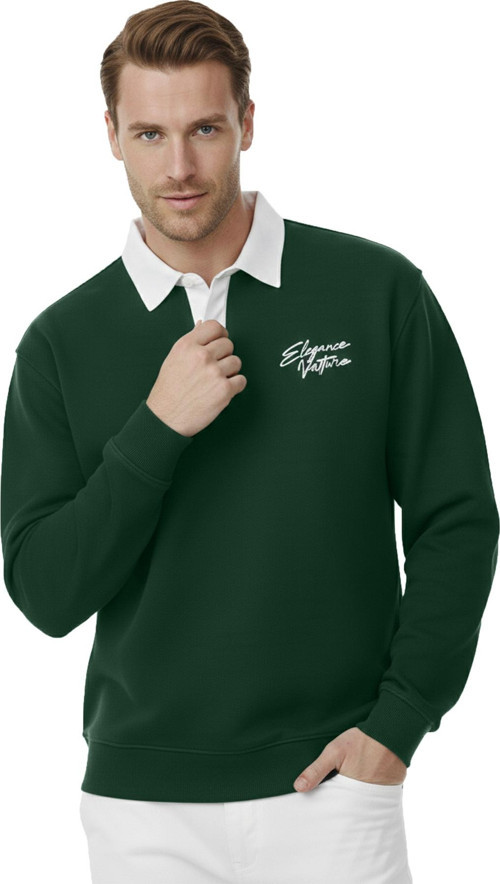 Erkek Yeşil Relax Fit İçi Polarlı Polo Yaka Sweatshirt – Pamuklu Kalın Sweatshirt 2600762