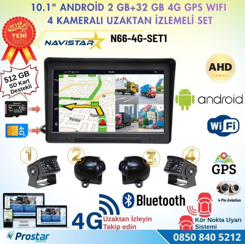 10 inç Android 4G Uzaktan izlemeli, 4 Kameralı, Wifi, GPS, Bluetooth 2 GB + 32 GB ve 512 GB SD Kart Destekli Set