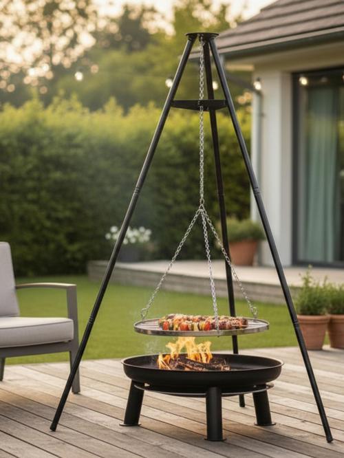 Ateş Çukurlu Mangal Tripod Izgara Ayarlanabilir Zincirli Mangal Seti