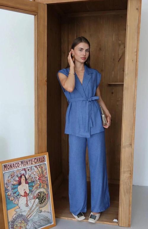 Keten yelek pantolon takım indigo pt