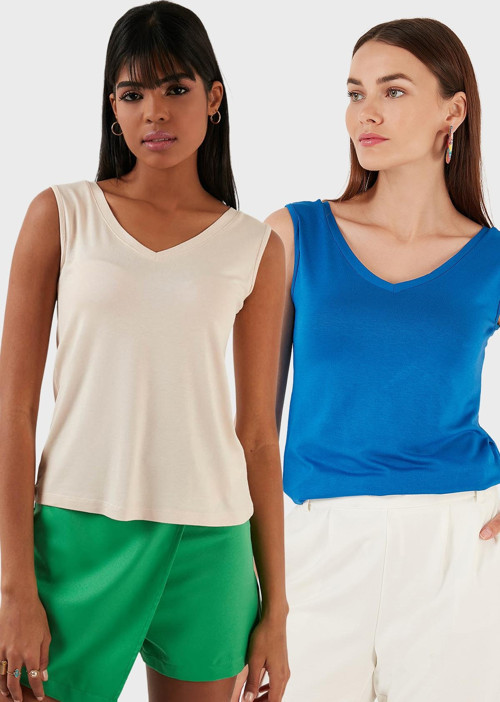 Slim Fit V Yaka Kalın Askılı 2' li Paket Bayan Bluz 5864384S2 TAŞ-SAKS