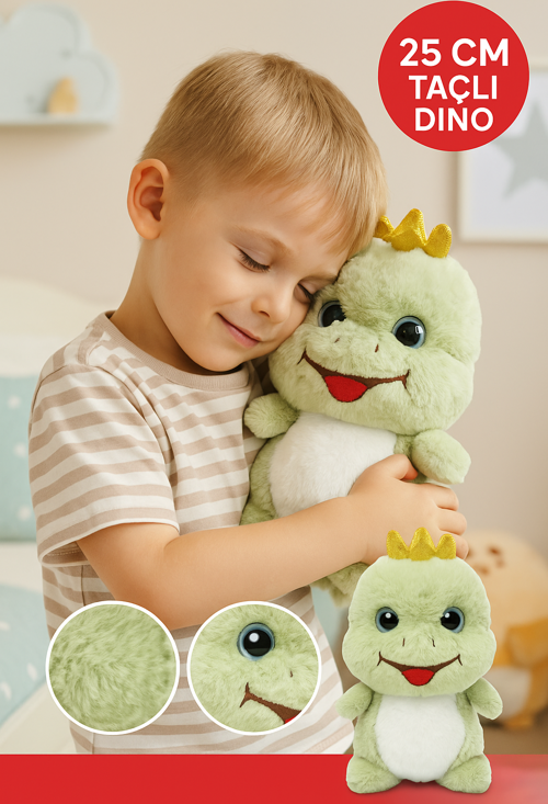 25 CM Taçlı Dino Peluş Oyuncak – Sevimli Yeşil Dinozor | Çocuk Hediyesi & Oyun Arkadaş