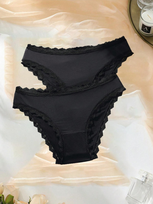 2'Li Paket Siyah Renk Pamuklu Kenarları Dantelli Likralı Kadın Slip Külot