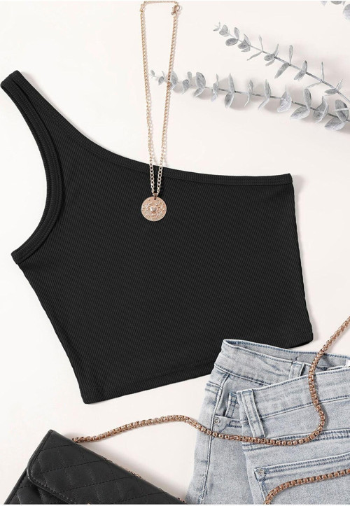 Asimetrik Yaka Kolsuz Tek Omuz Askılı Siyah Renk Fitilli Crop Top Bluz