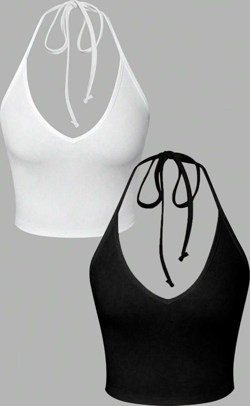 2 Li Paket V Yaka Siyah Beyaz Renk Desensiz Fitilli Kolsuz Boyun Askılı Likralı Fit Crop Top Bluz