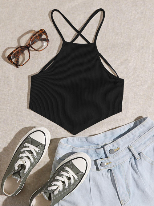 Halter Yaka Sırtı Açık Çapraz Askılı Bağcıklı Siyah Renk Fitilli Crop Top Bluz