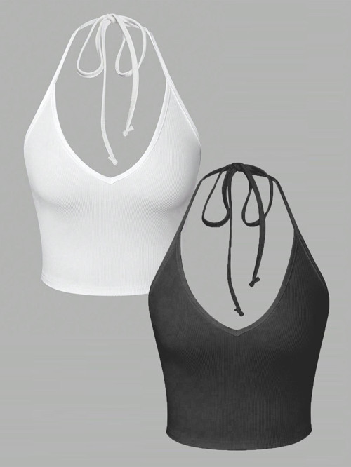 2 Li Paket V Yaka Siyah Antrasit Renk Desensiz Fitilli Kolsuz Boyun Askılı Likralı Fit Crop Top Bluz