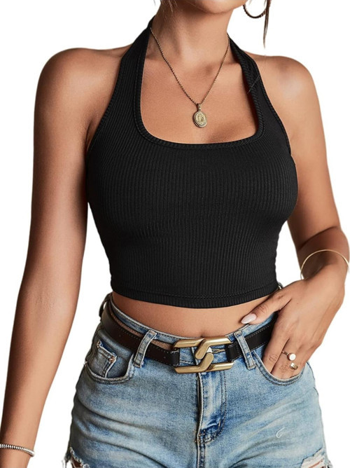 Kadın Boyun Askılı U Yaka Siyah Renk Fitilli Crop Top Bluz