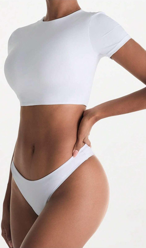 Düz Desensiz Baskısız Beyaz Renk Bisiklet Yaka Kısa Kollu Crop Top Büstiyer İç Çamaşırı Takımı