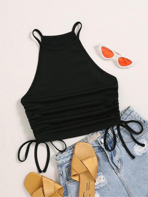 Askılı Halter Yaka Yüzücü Sırtlı Yanları İpli Siyah Renk Fitilli Crop Top Bluz