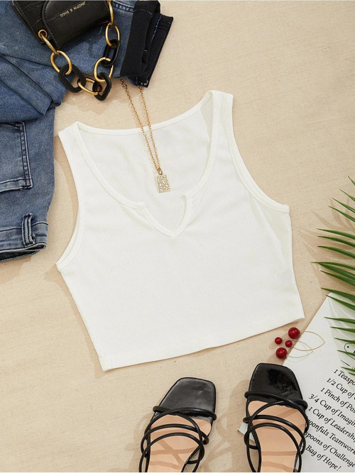 V Yaka Beyaz Renk Fitilli Crop Top Bluz