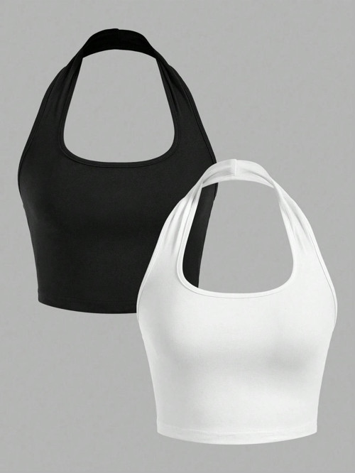 2'Li Paket Kare Yaka Siyah Ve Beyaz Renk Boyun Askılı Crop Top Bluz