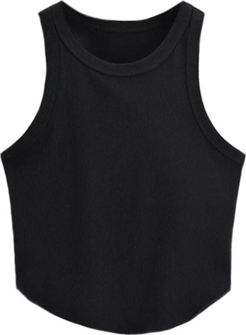 Kadın Oval Etekli Siyah Renk Bisiklet Yaka Crop Top Bluz