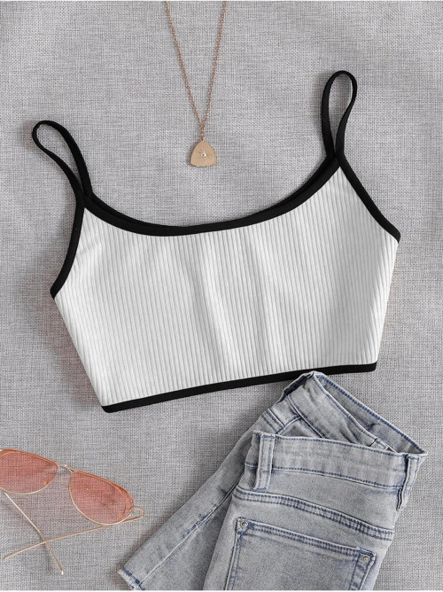 Bisiklet Yaka Askılı Beyaz Renk Fitilli Crop Top Büstiyer