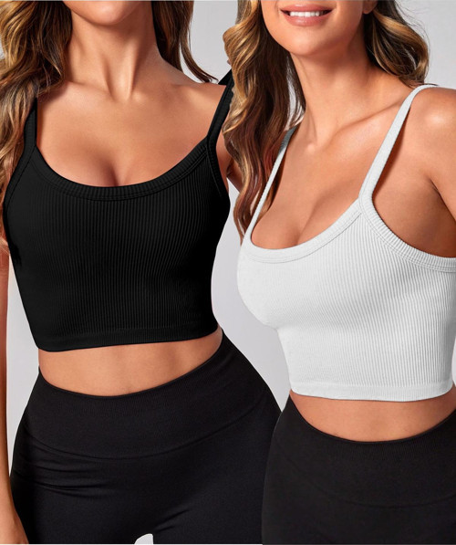 2 Li Paket U Yaka Siyah Beyaz Renk Desensiz Fitilli Kolsuz Askılı Likralı Fit Crop Top Bluz