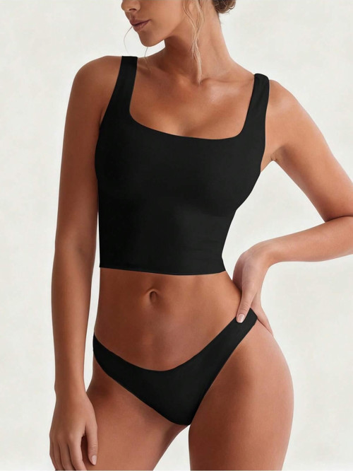 Düz Desensiz Baskısız Siyah Renk Kare Yaka Askılı Crop Top Büstiyer İç Çamaşırı Takımı