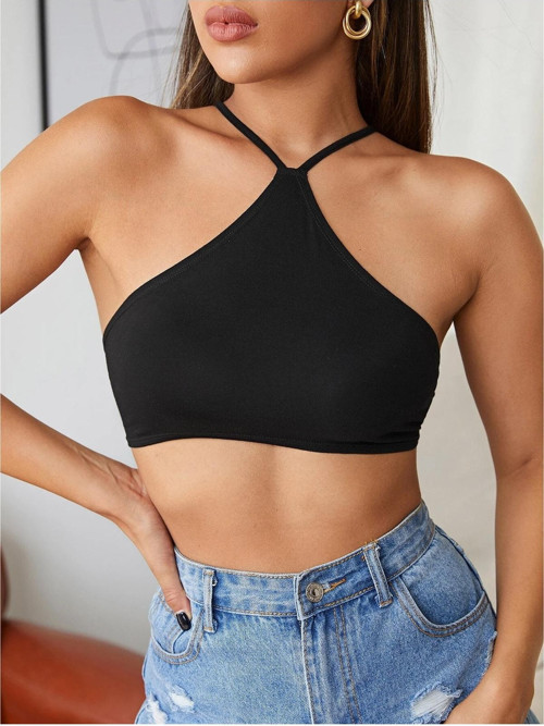 Kadın Siyah Renk Sırtı Açık Bağcıklı Sütyen Stil Super Crop Halter Bluz