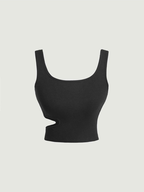 U Yaka Omuz Askılı Asimetrik Kesim Siyah Renk Desensiz Kolsuz Fitilli Likralı Fit Crop Top Bluz