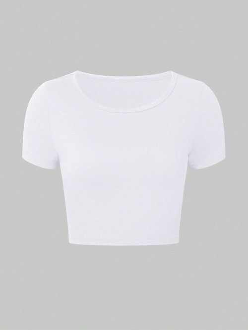 Düz Desensiz Baskısız Beyaz Renk Bisiklet Yaka Kısa Kollu Crop Top Büstiyer