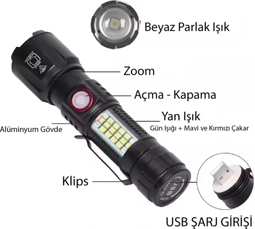 WS-2828 Ultra USB Şarjlı Polis El Feneri, Bekçi, Asker El Feneri Kırmızı Mavi Çakarlı 1000 Lümen (4490)