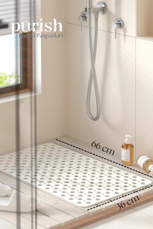 Banyo Duş Küvet Için Vantuzlu Kaydırmaz, Su Drenajlı, Yumuşak Paspas - Mat Beyaz - 66x36cm