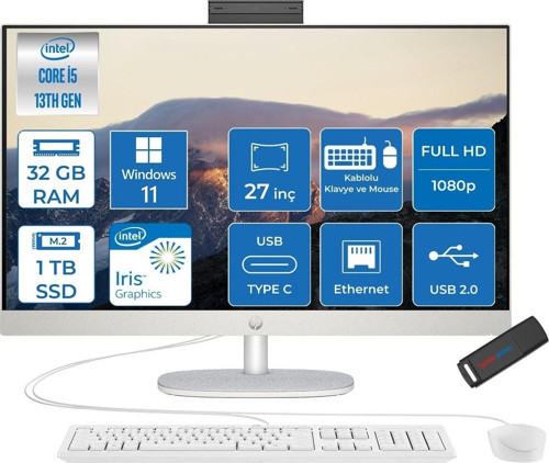 27-WCR0011NT Intel Core I5 1335U 32GB 1tb SSD Windows 11 Pro 27 Inç FHD(1920X1080) IPS 300 Nit %99 Srgb Beyaz All In One