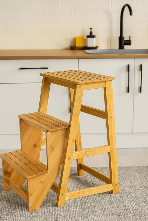 PBT-379 Ahşap Bambu 3 Basamak Merdiven - Portatif Demonte ve Ergonomik Ev Tipi Dekoratif Tabure Merdiven