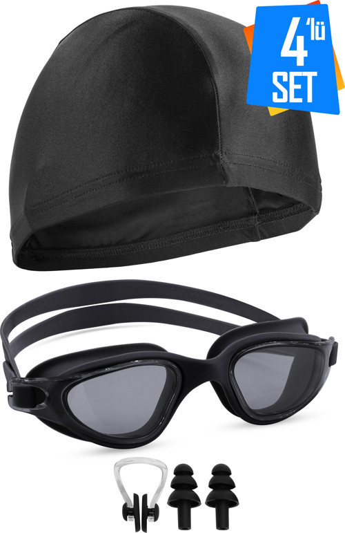 4LÜ SET Swimmer PRO Buğu Yapmaz Havuz Deniz Yüzücü Gözlüğü Boneli Tıkaçlı UV Korumalı Yüzme Siyah