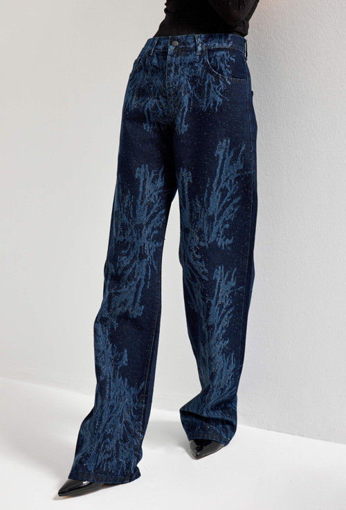 Kadın Koyu Kot Rengi 9s6-5 Loose Fit Parlak Taşlı Özel Tasarım Denim Jean