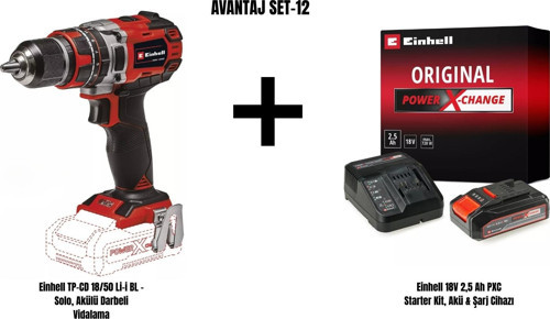 Set-12 (Einhell TP-CD 18/50 Li-i BL Akülü Darbeli Vidalama+Einhell 18V 2,5 Ah PXC Starter Kit, Akü & Şarj Cihazı)