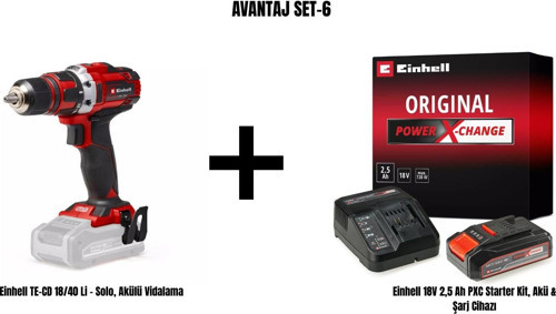 Set-6 (Einhell TE-CD 18/40 Li Akülü Vidalama+Einhell 18V 2,5 Ah PXC Starter Kit, Akü & Şarj Cihazı)