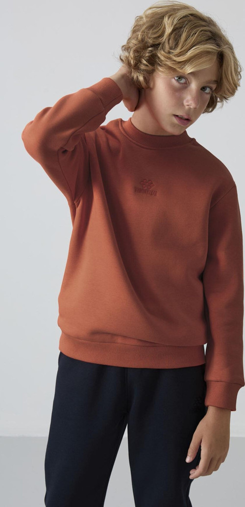 Kiremit Pamuklu Kalın İçi Tüylü Yumuşak Dokulu Standart Fit Nakışlı Erkek Çocuk Sweatshirt - 11232