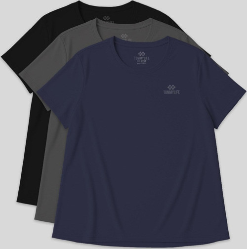 Rahat Form 3lü Paket Siyah-İndigo-Koyu Gri Battal Kadın T-Shirt - 97308