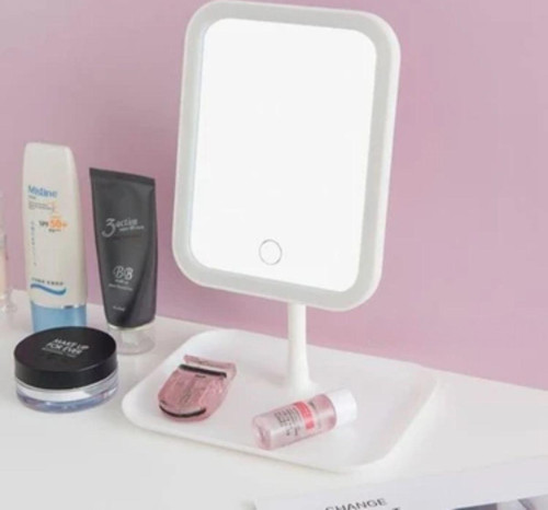 ® Dokunmatik LED Işıklı Kare Makyaj Aynası – Altı Organizer Kaseli, Ayarlanabilir Aydınlatmalı