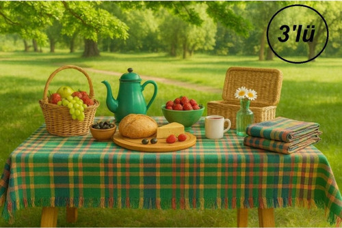 3 Adet Pöti Kare Sofra Örtüsü, Masa Örtüsü Saçaklı (140x140)-Renkli