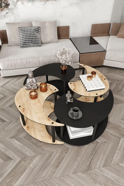 Yin Yang 4'lü Orta Sehpa Meşe Siyah 90 cm